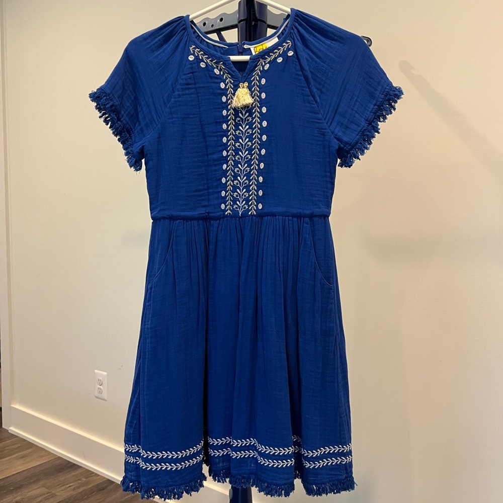 Mini Boden Blue Dress with White and Gold Embroidery